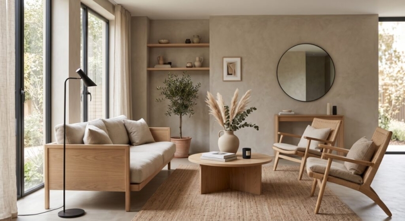 Example of a warm greige microcement finish on the walls and floor of a modern living room