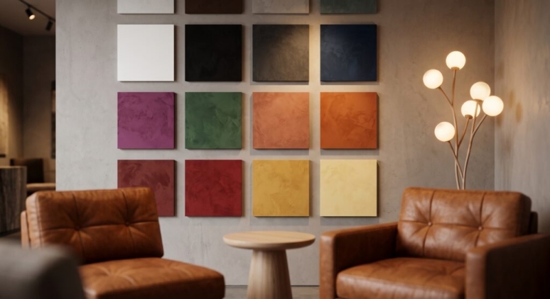 Showroom wall displaying square finish color sample panels in a range of tones, with leather armchairs and a sculptural floor lamp