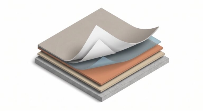 Isometric illustration of a peeled-back corner revealing the layered material buildup of a decorative plaster finish: substrate, primer, finish coat, and sealer