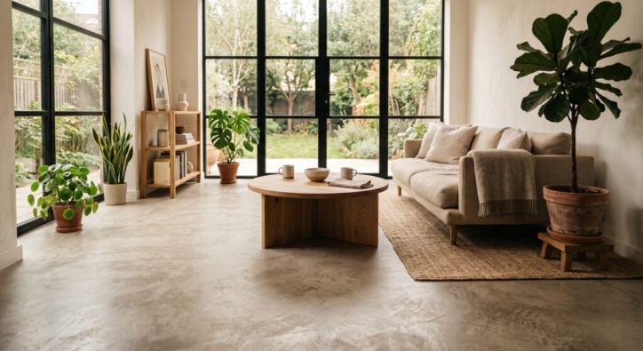 Bright minimalist living room with a warm greige microcement floor, large windows, potted plants, and a light wood coffee table
