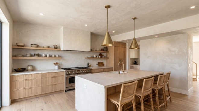 Soft white Lime Wash walls in a modern kitchen with open wood shelving