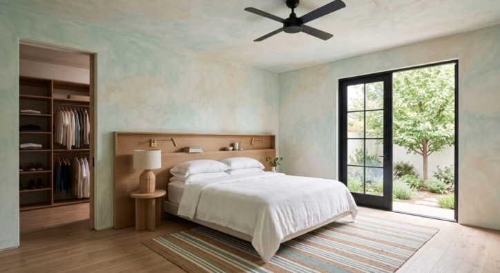 Pastel sage-mint Lime Wash accent wall in a bright bedroom