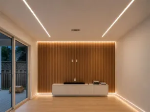 Trimless LED channel lighting built into drywall ceiling