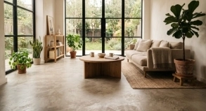 Bright minimalist living room with a warm greige microcement floor, large windows, potted plants, and a light wood coffee table