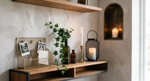Warm greige Venetian plaster wall with a floating wood shelf and styled decor, San Jose, CA