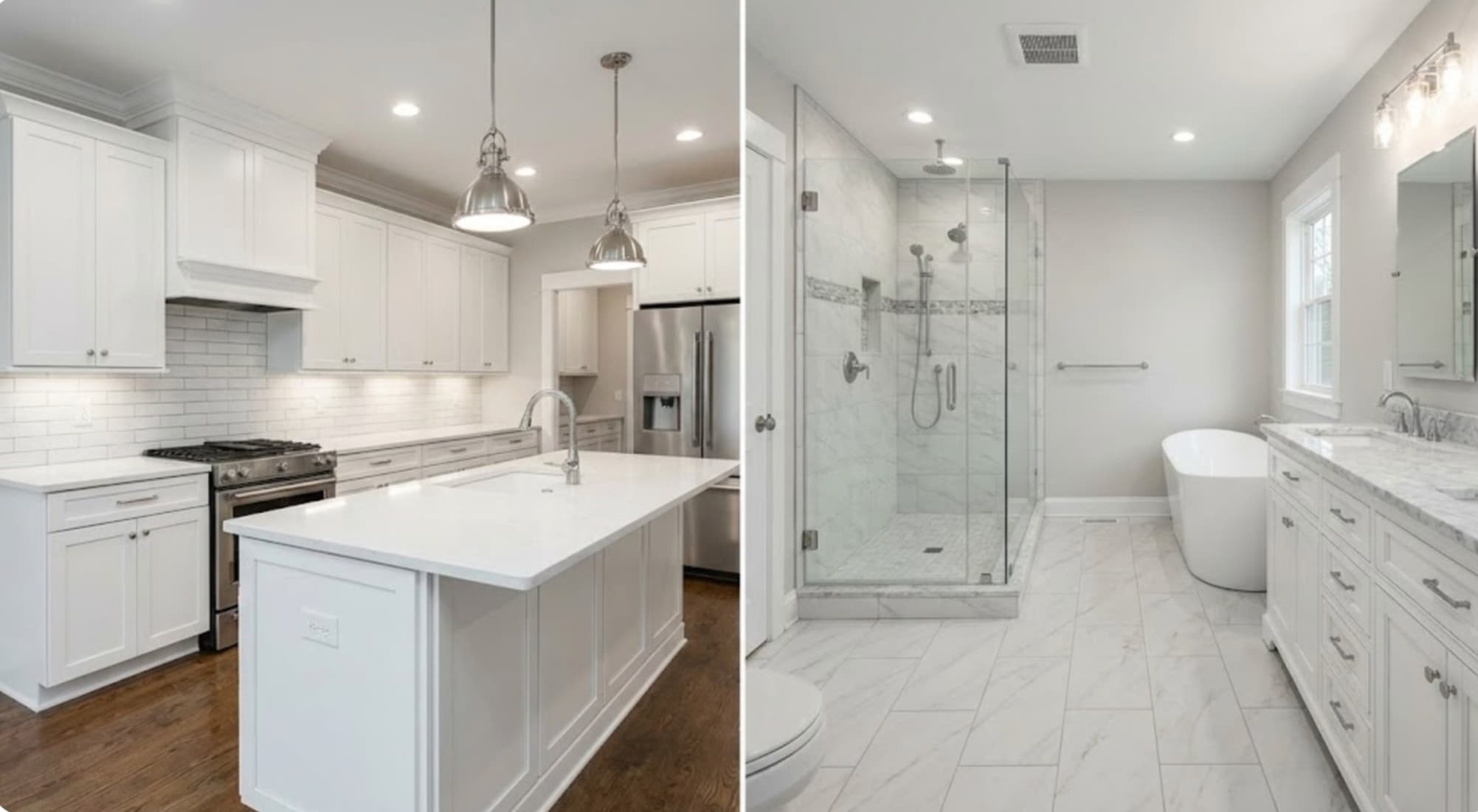 Modern white kitchen remodel and luxury marble bathroom renovation San Jose