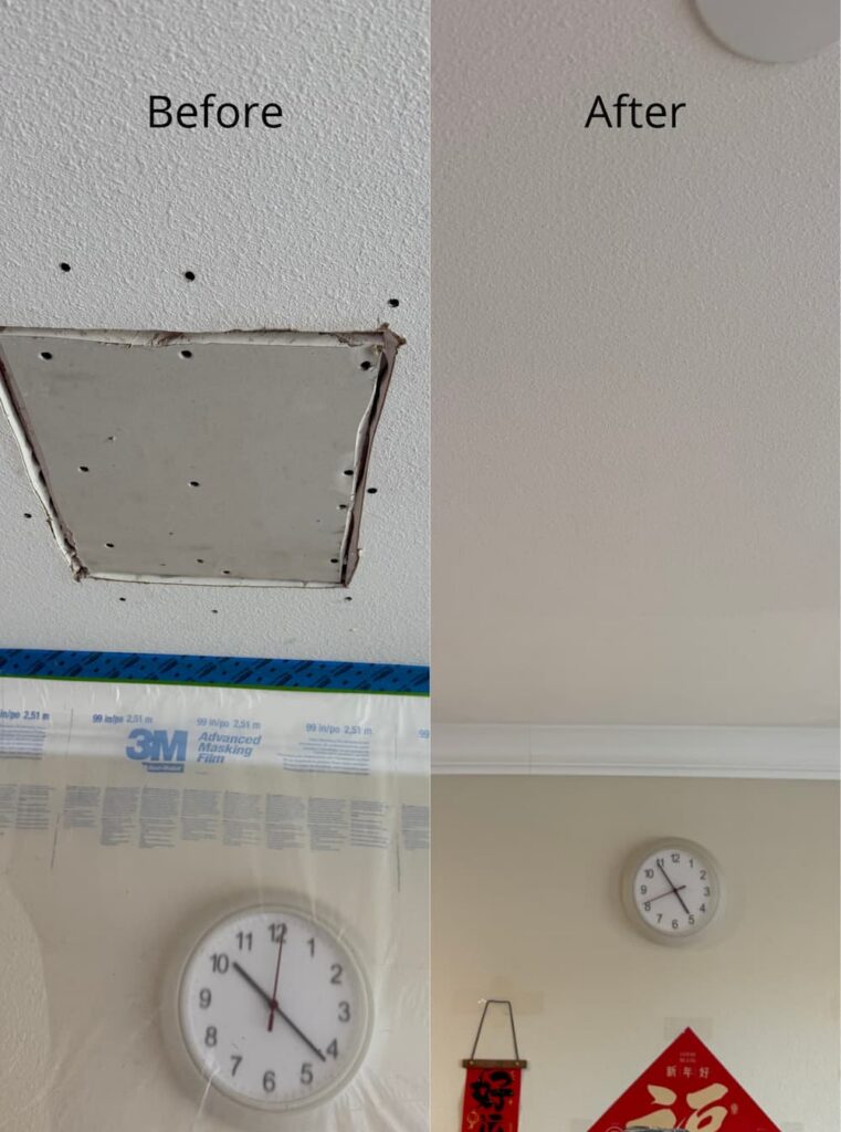 Ceiling drywall repair and professional orange peel texture matching