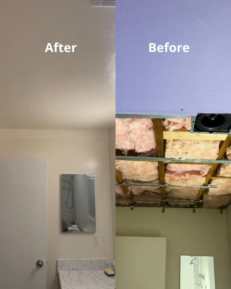 Before and after bathroom ceiling water damage reconstruction and drywall repair in San Jose by licensed B-2 contractor.