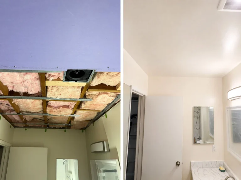 Ceiling opened up to remove water-damaged drywall and insulation, and the same bathroom fully restored.