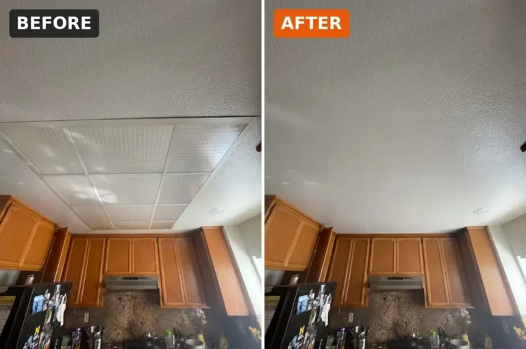 Kitchen fluorescent light box removed and ceiling drywall repaired with matched texture, before and after, San Jose