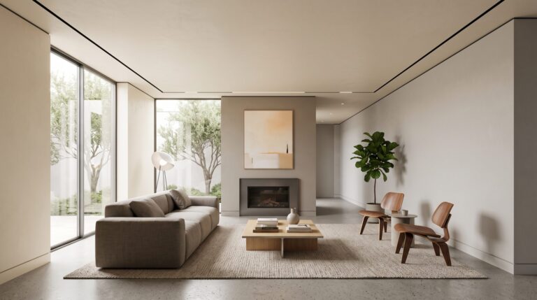 Architectural shadow gap ceiling reveal in a minimalist San Jose living room