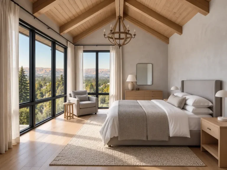 Warm white lime wash walls in a vaulted bedroom