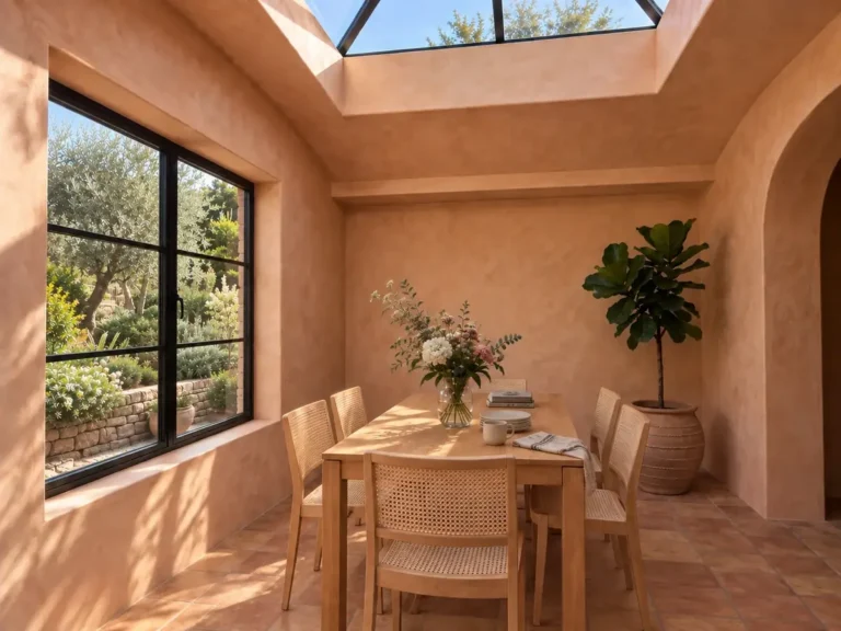 Terracotta lime wash walls in a dining room