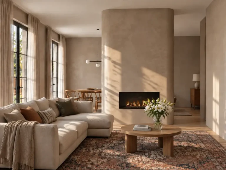 Lime wash walls and fireplace surround in a living room