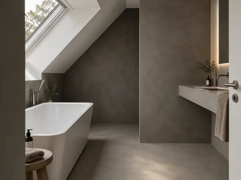 Grey microcement bathroom walls and floor under a skylight