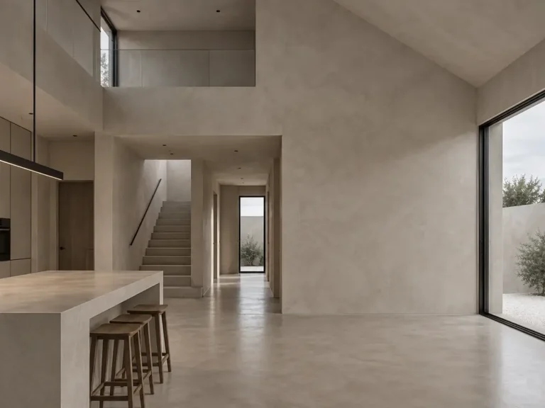 Microcement walls and floors in an open-plan kitchen and living area