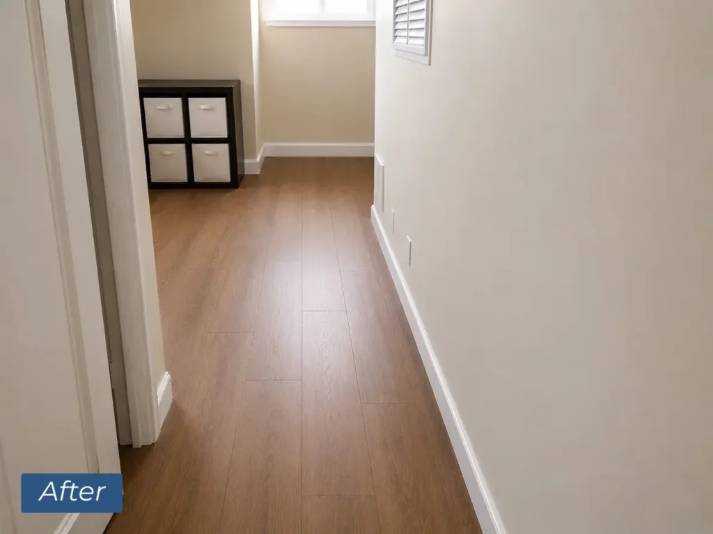 Same hallway after water damage restoration, with new drywall, baseboards and flooring