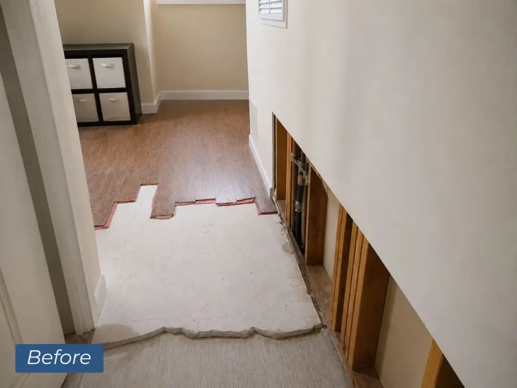 Hallway after a leak: lower drywall cut out by the mitigation crew and flooring pulled up